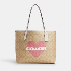 NWT COACH ❤️ City Tote In Signature Canvas With Heart Print Pink Tan Khaki
